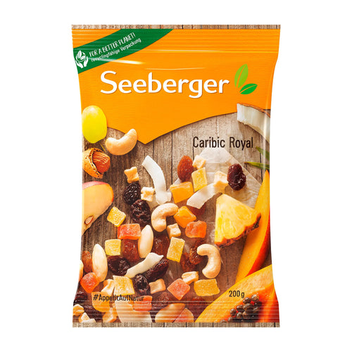 Seeberger Caribic Royal dried fruit and nut mix packaging on a white background
