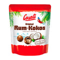 Packaging of Casali Original Rum-Kokos, a chocolate-covered snack with rum and coconut filling, featuring a red and green design with a parrot and palm trees.