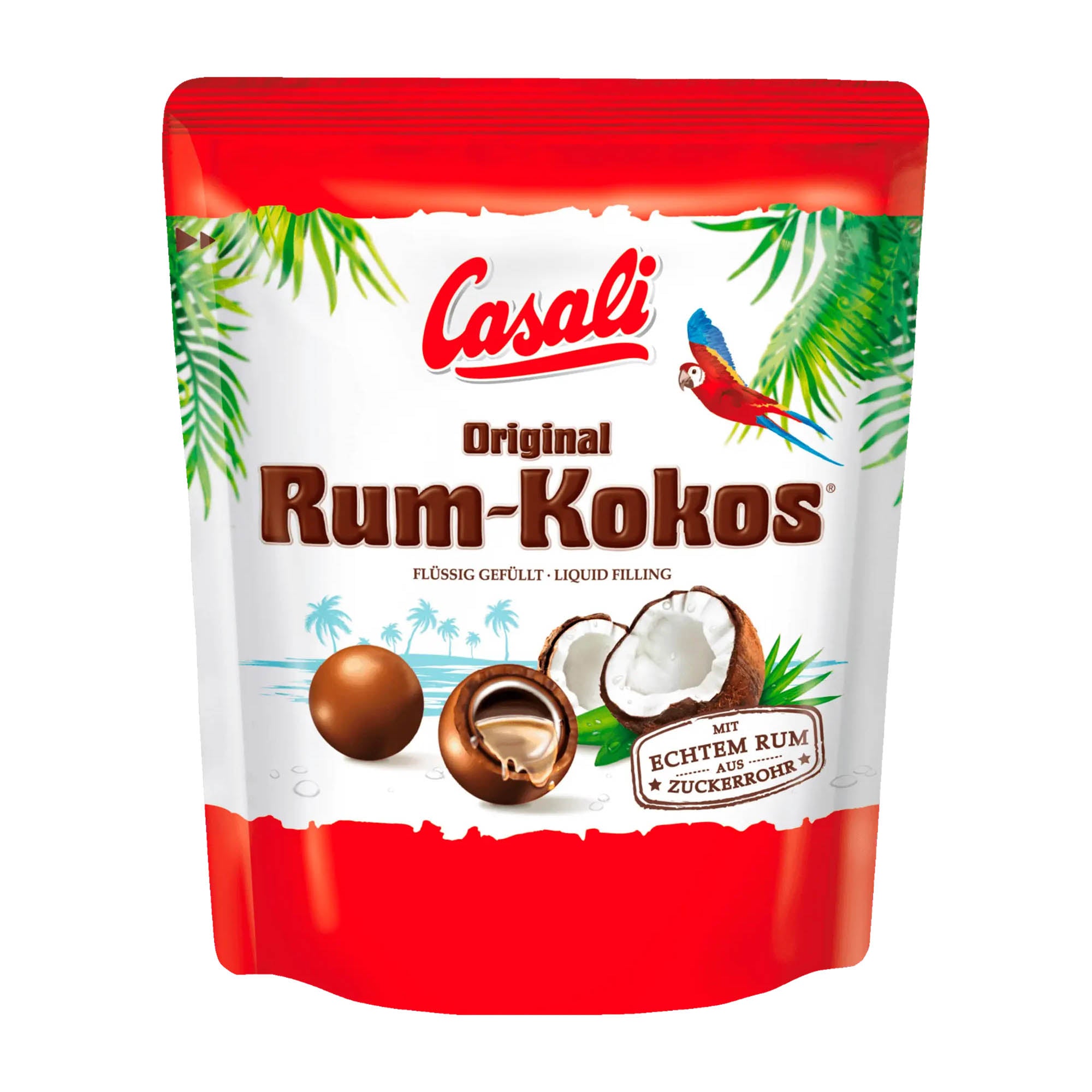 Packaging of Casali Original Rum-Kokos, a chocolate-covered snack with rum and coconut filling, featuring a red and green design with a parrot and palm trees.