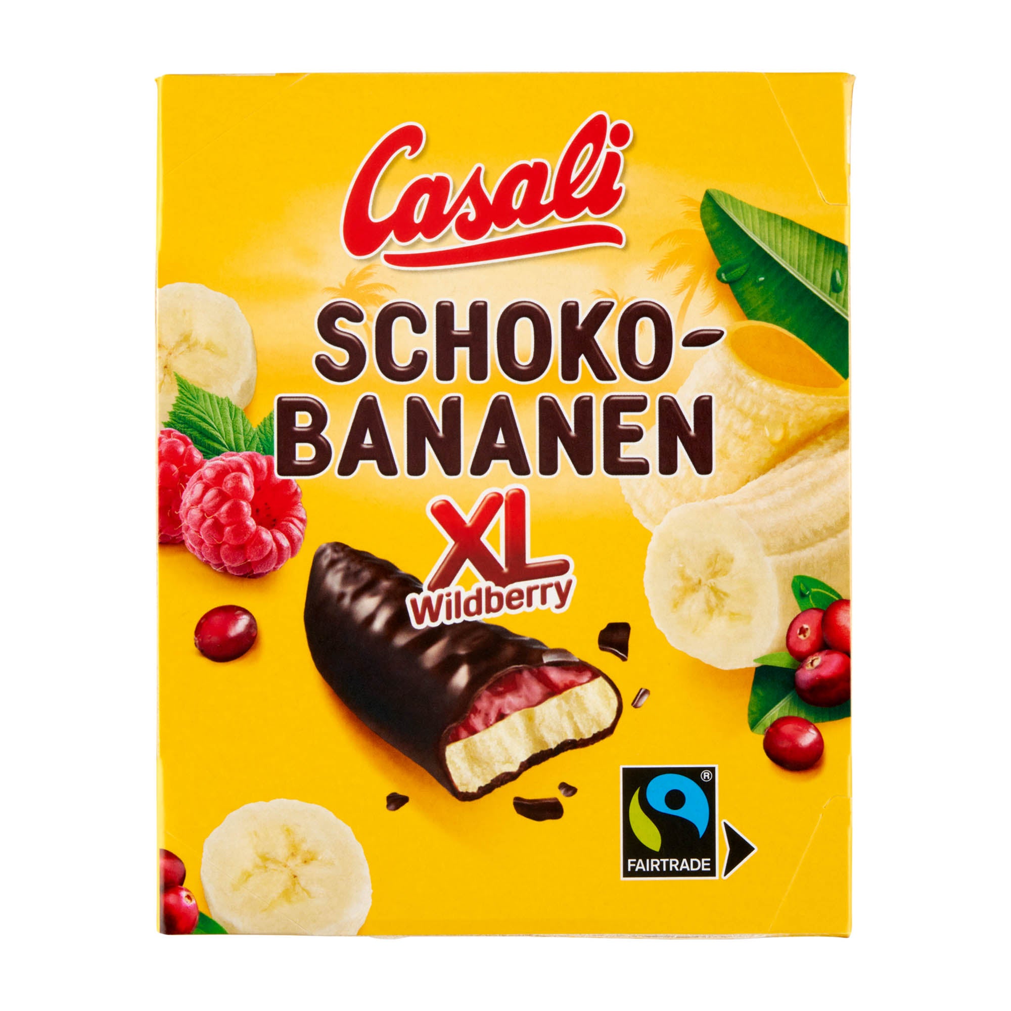 Packaging of Casali Schoko-Bananen XL Wildberry foam candy, showing the product name, an image of a banana, wildberry fruits, and a piece of dark chocolate.