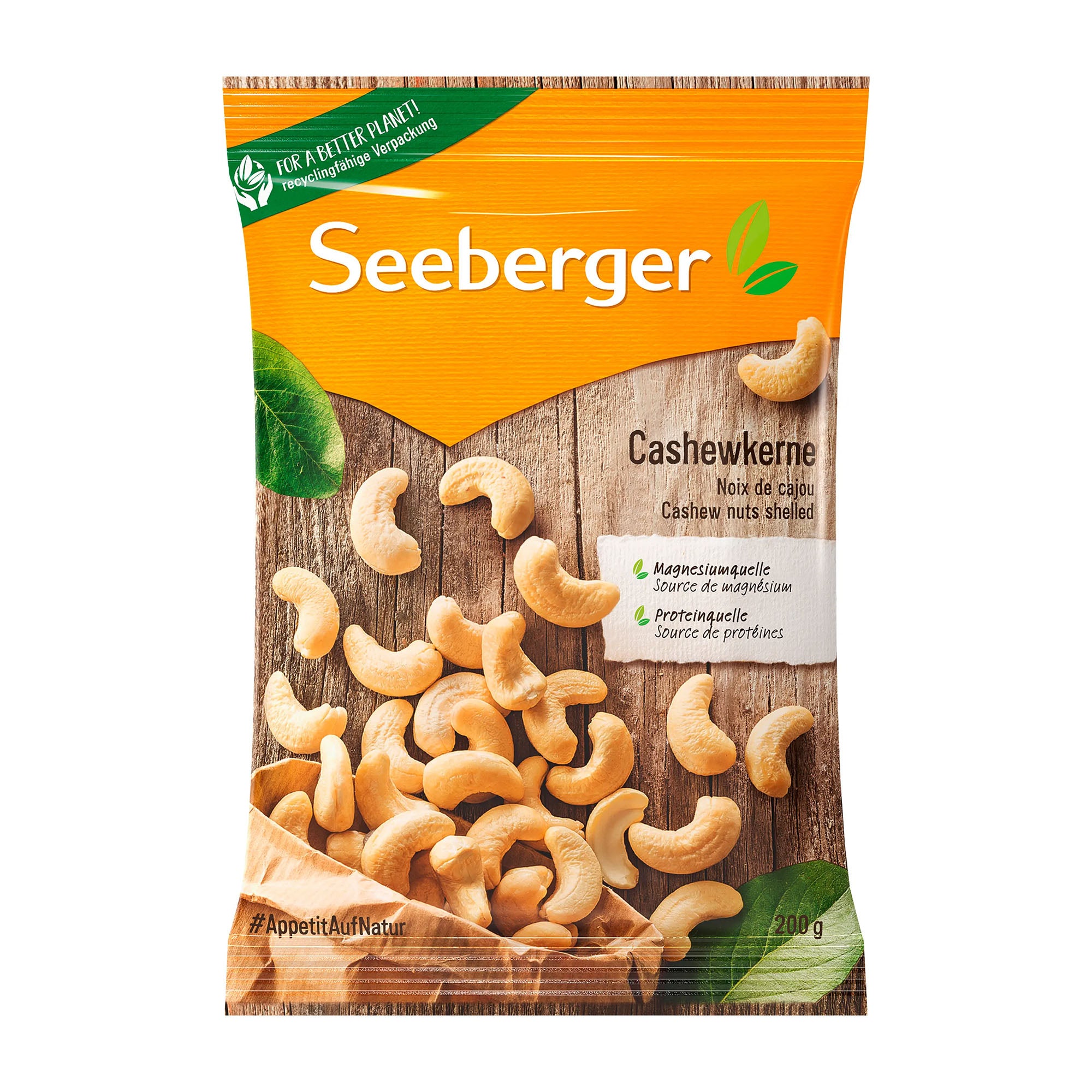 Seeberger cashew nuts packaging on a wooden background