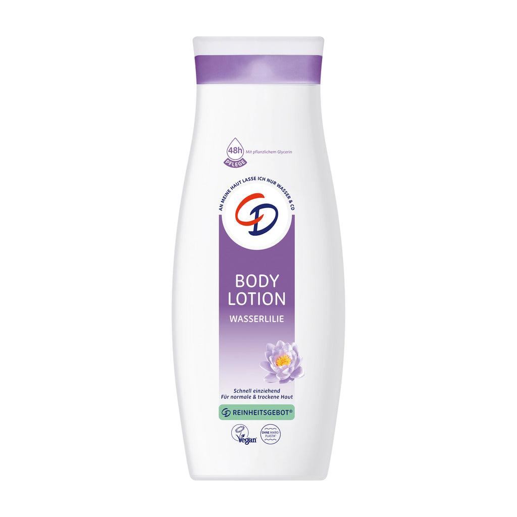 CD Water Lily body lotion bottle with purple label on a white background