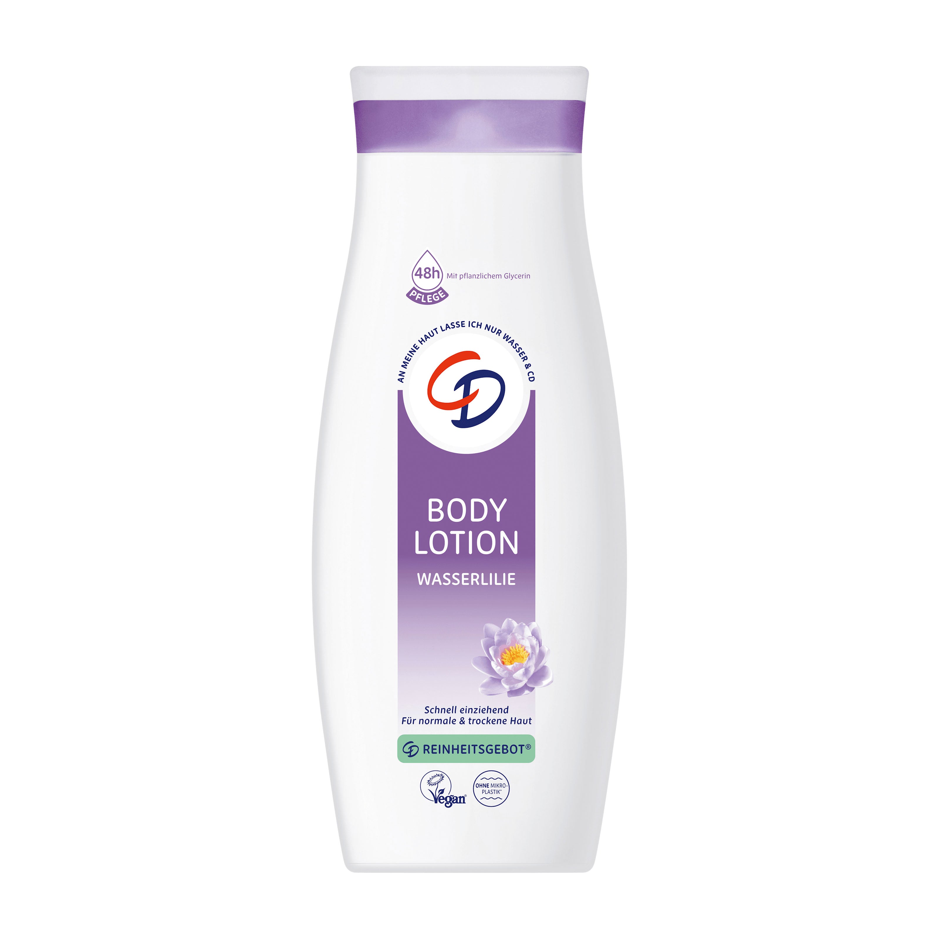 CD Water Lily body lotion bottle with purple label on a white background