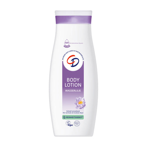 CD Water Lily body lotion bottle with purple label on a white background