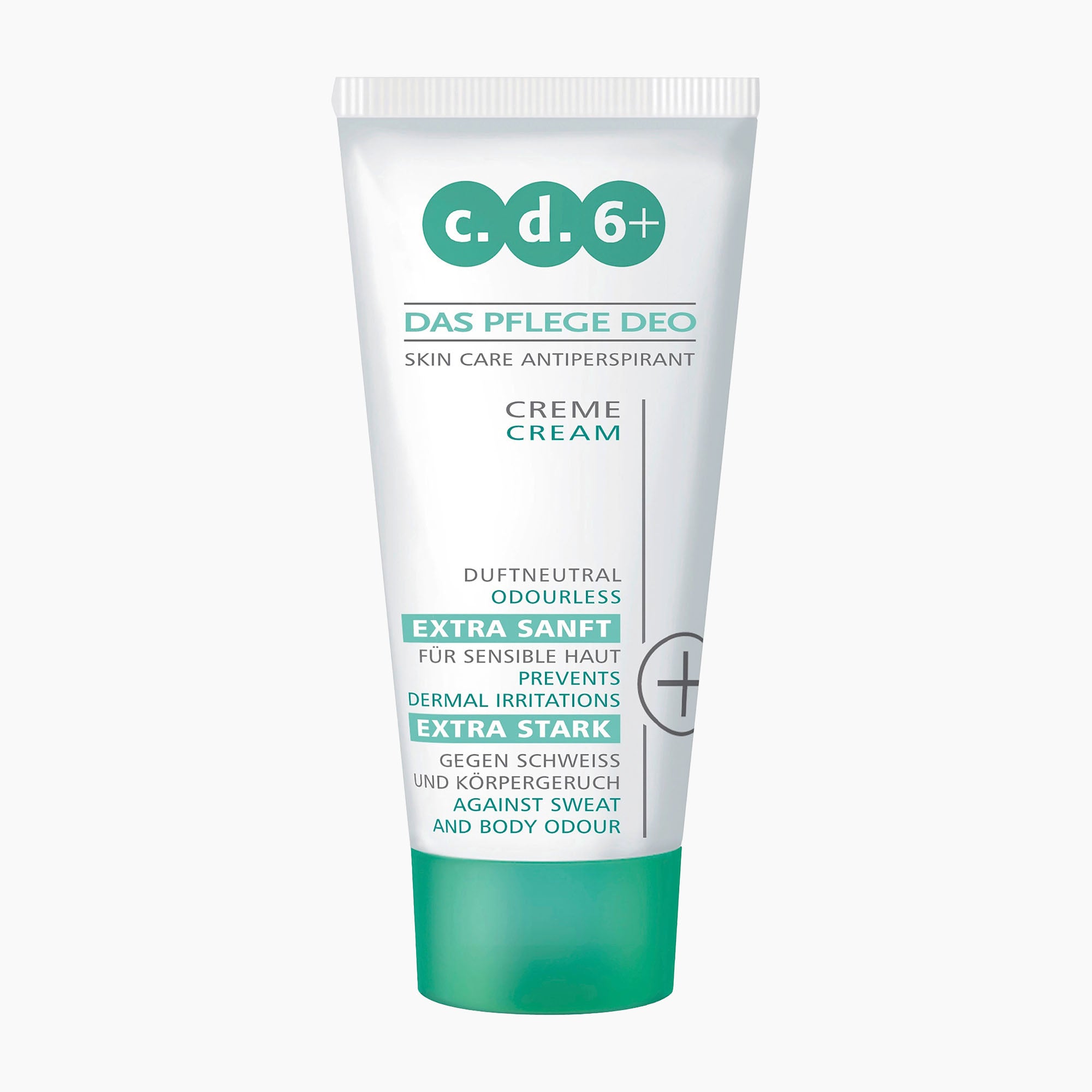 A white squeeze tube of c.d.6+ Antiperspirant Cream on a light gray background.