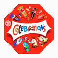 A red octagonal box of Celebrations Chocolate Pralines 186 g featuring illustrations of assorted wrapped sweets floating around the brand name on a white banner, set against a light gray background.