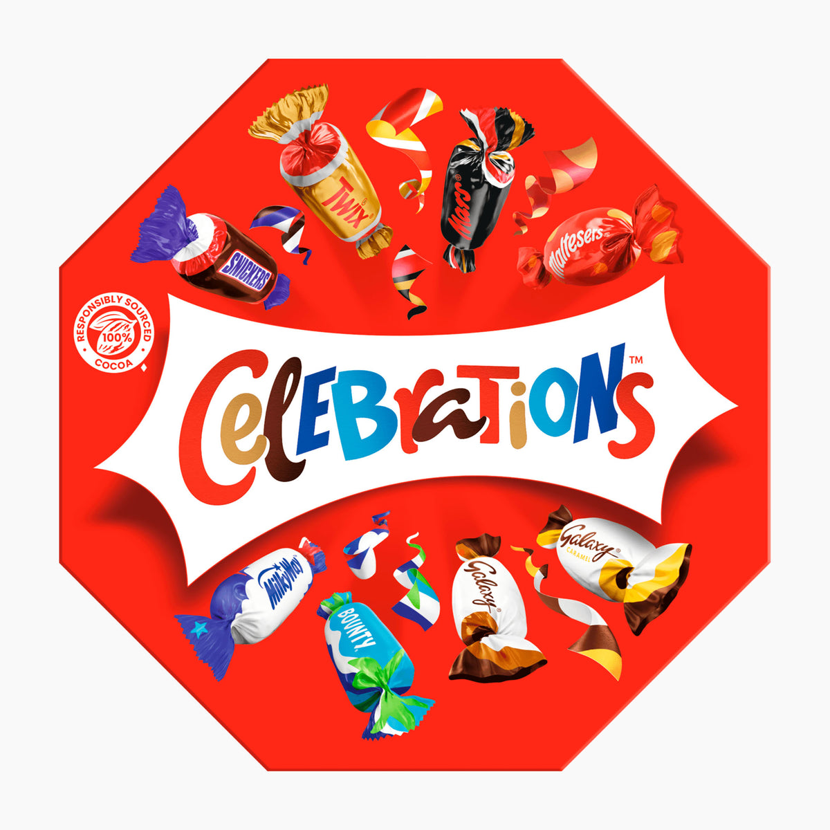 A red octagonal box of Celebrations Chocolate Pralines 186 g featuring illustrations of assorted wrapped sweets floating around the brand name on a white banner, set against a light gray background.