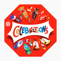 A red octagonal pralines box labeled 'Celebrations' with assorted wrapped chocolates and sweets floating around it on a light gray background. Visible candy brands include Mars, Twix, Milky Way, Snickers, Maltesers and Galaxy.
