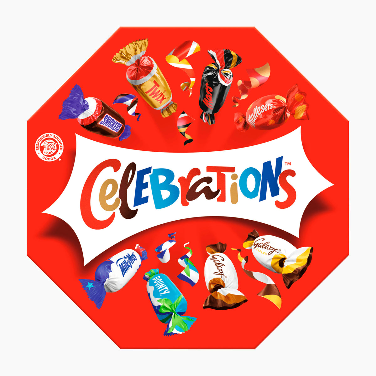 A red octagonal pralines box labeled 'Celebrations' with assorted wrapped chocolates and sweets floating around it on a light gray background. Visible candy brands include Mars, Twix, Milky Way, Snickers, Maltesers and Galaxy.