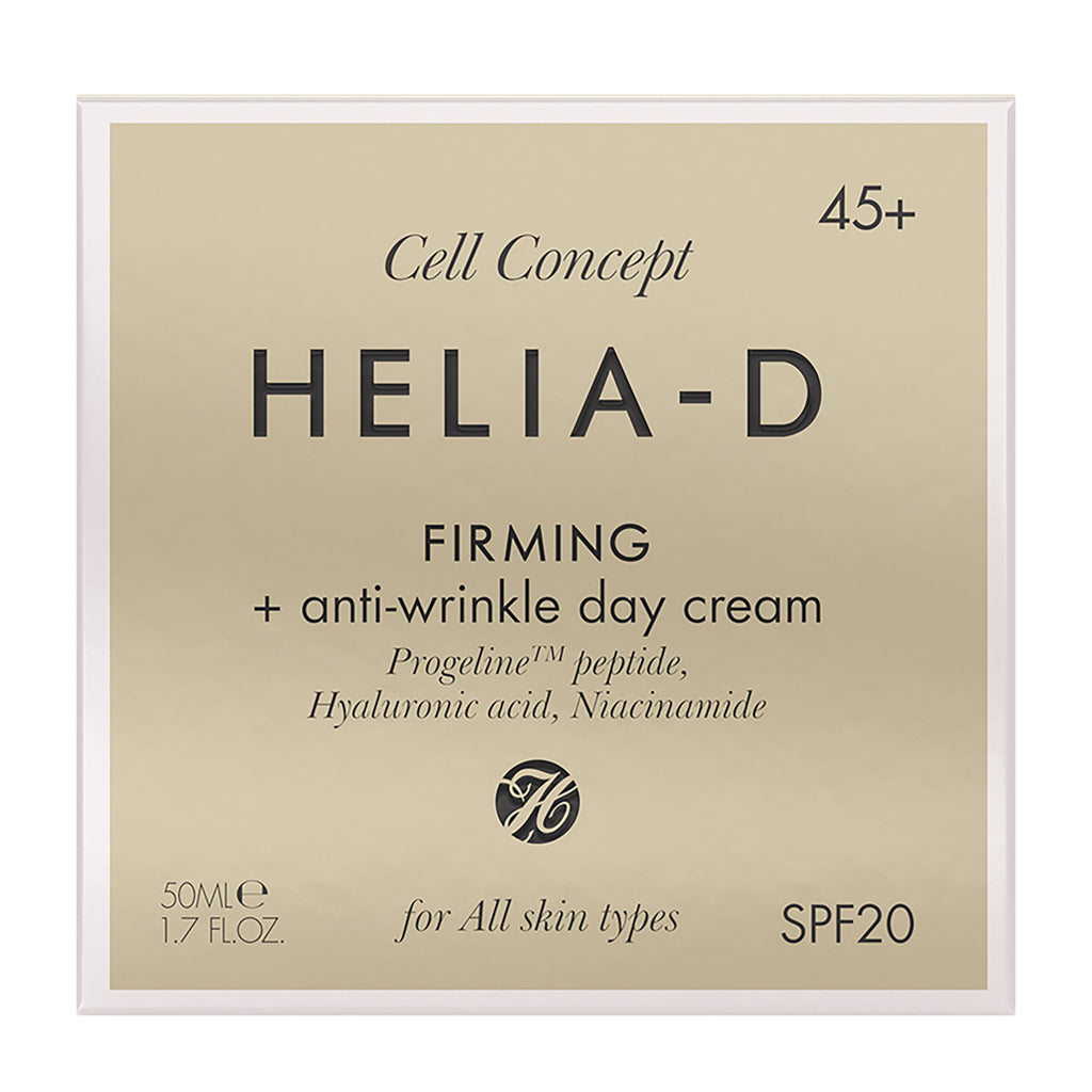 HELIA-D firming and anti-wrinkle day cream packaging on a beige background