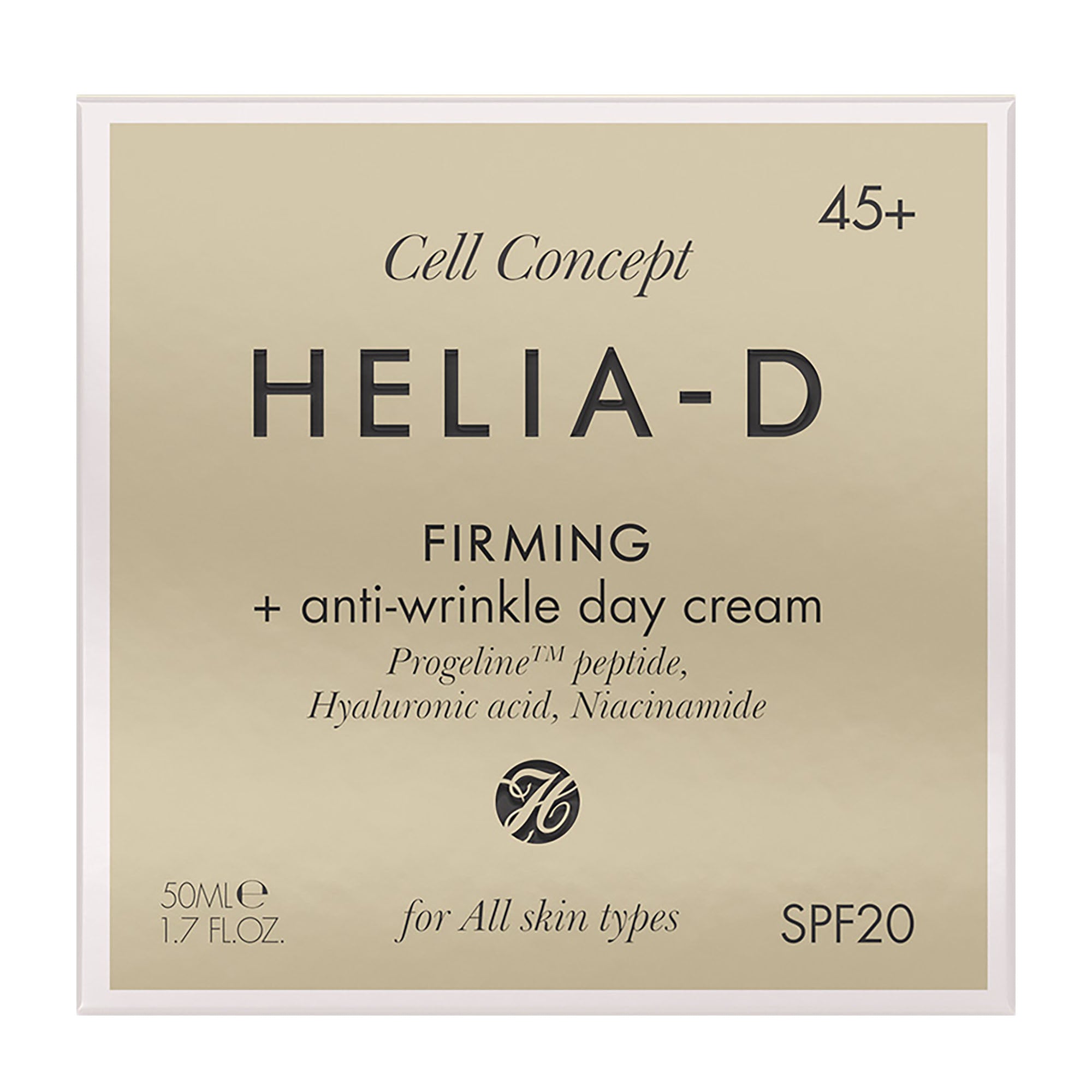 HELIA-D firming and anti-wrinkle day cream packaging on a beige background