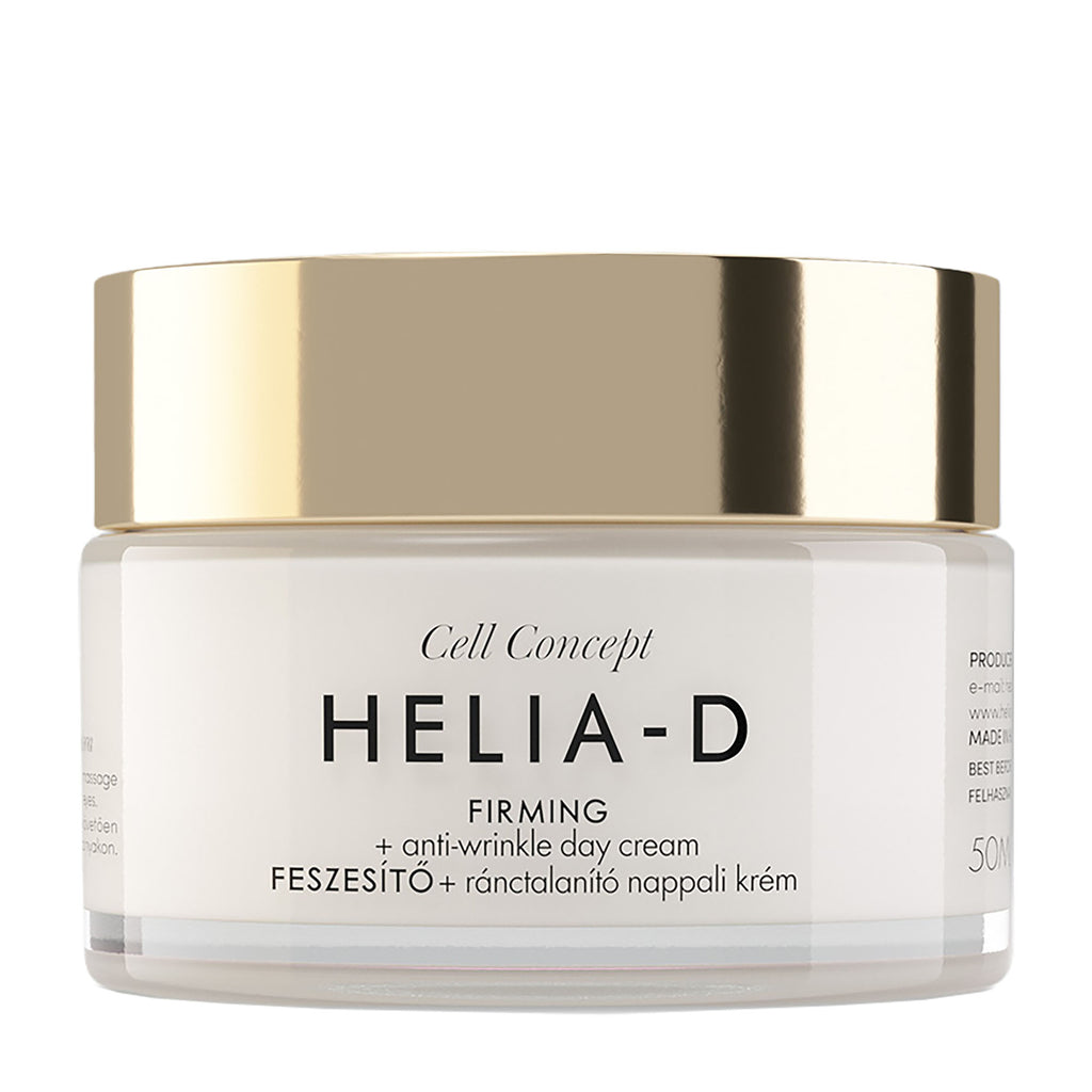 Helia-D firming and anti-wrinkle day cream jar with gold lid on a white background