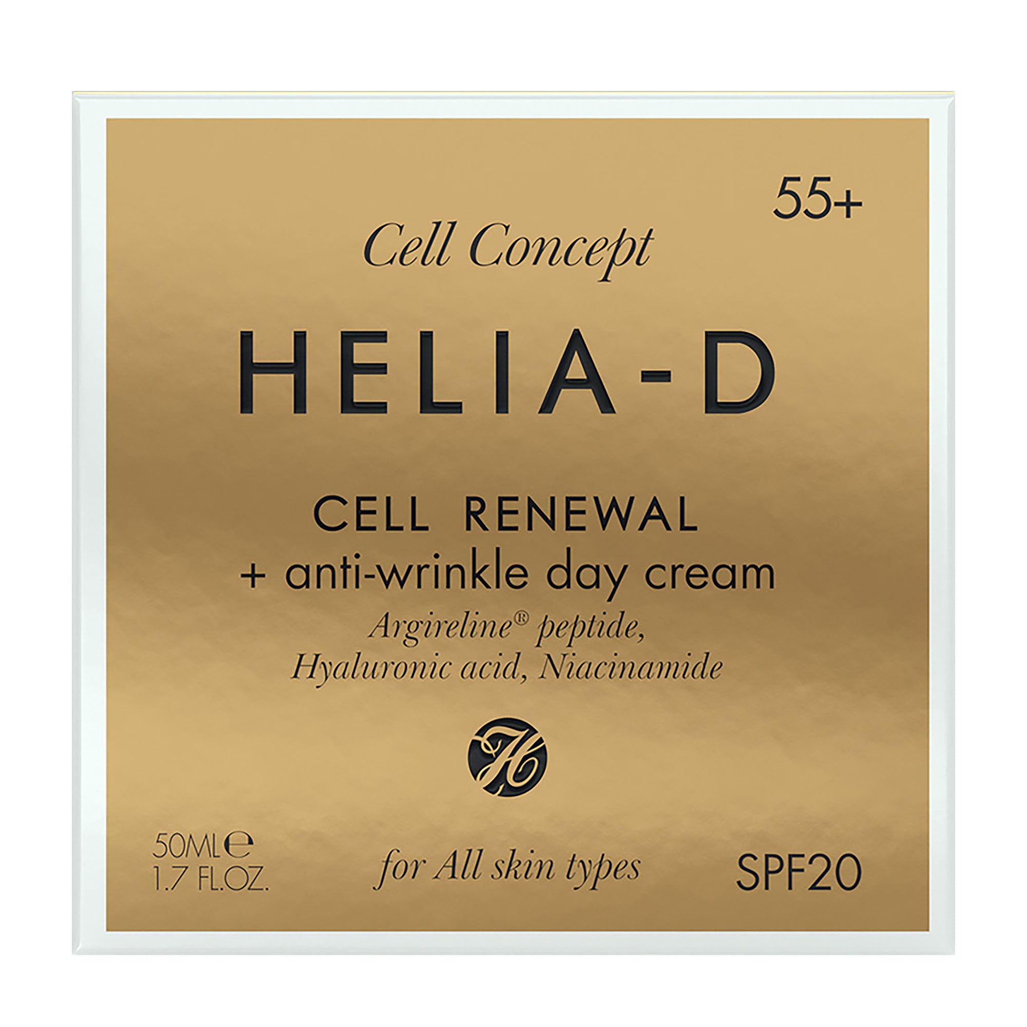 HELIA-D Cell Renewal + Anti-Wrinkle Day Cream packaging on a gold background