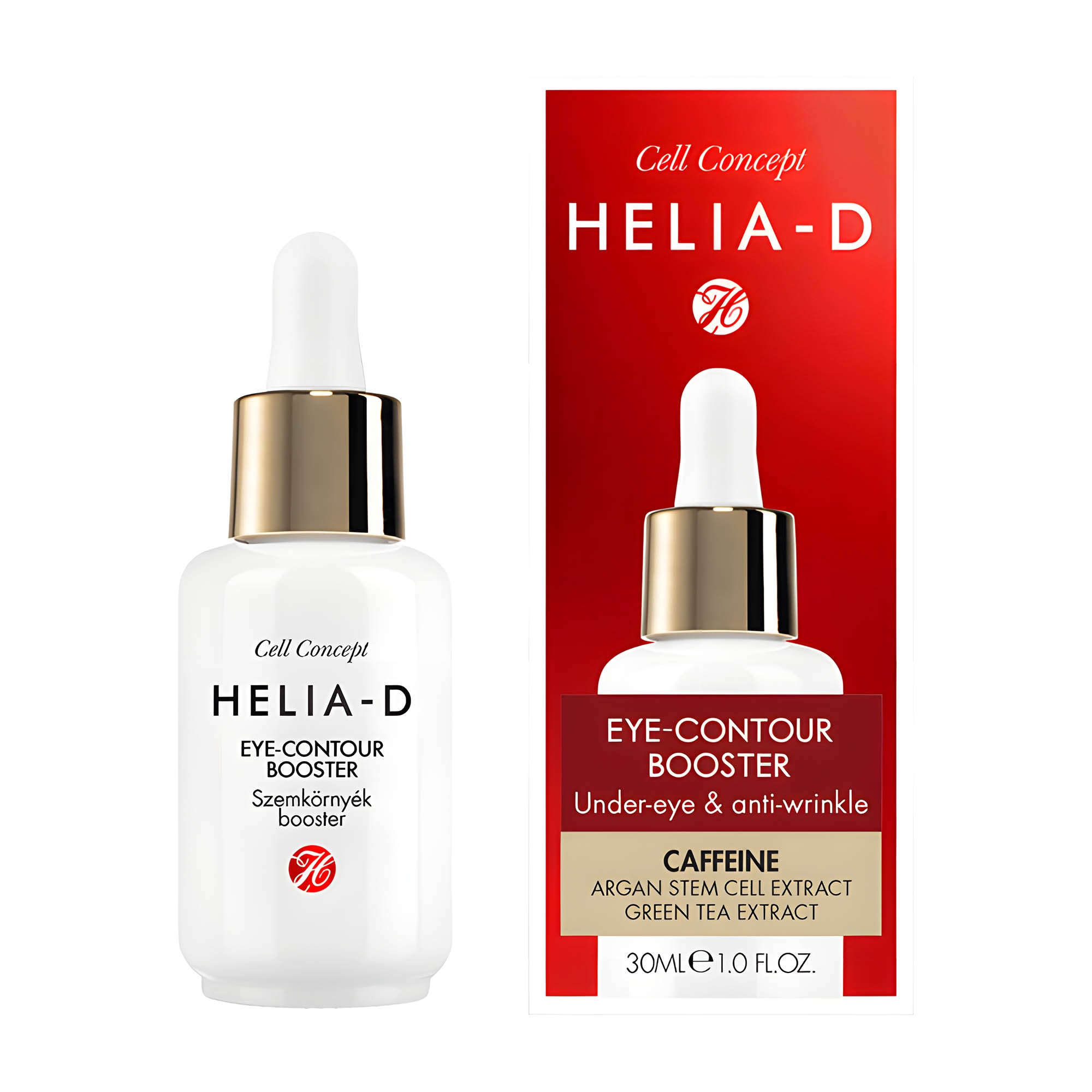 Packaging and bottle of HELIA-D Cell Concept eye-contour booster caffeine serum, 30 mL, with product information displayed.