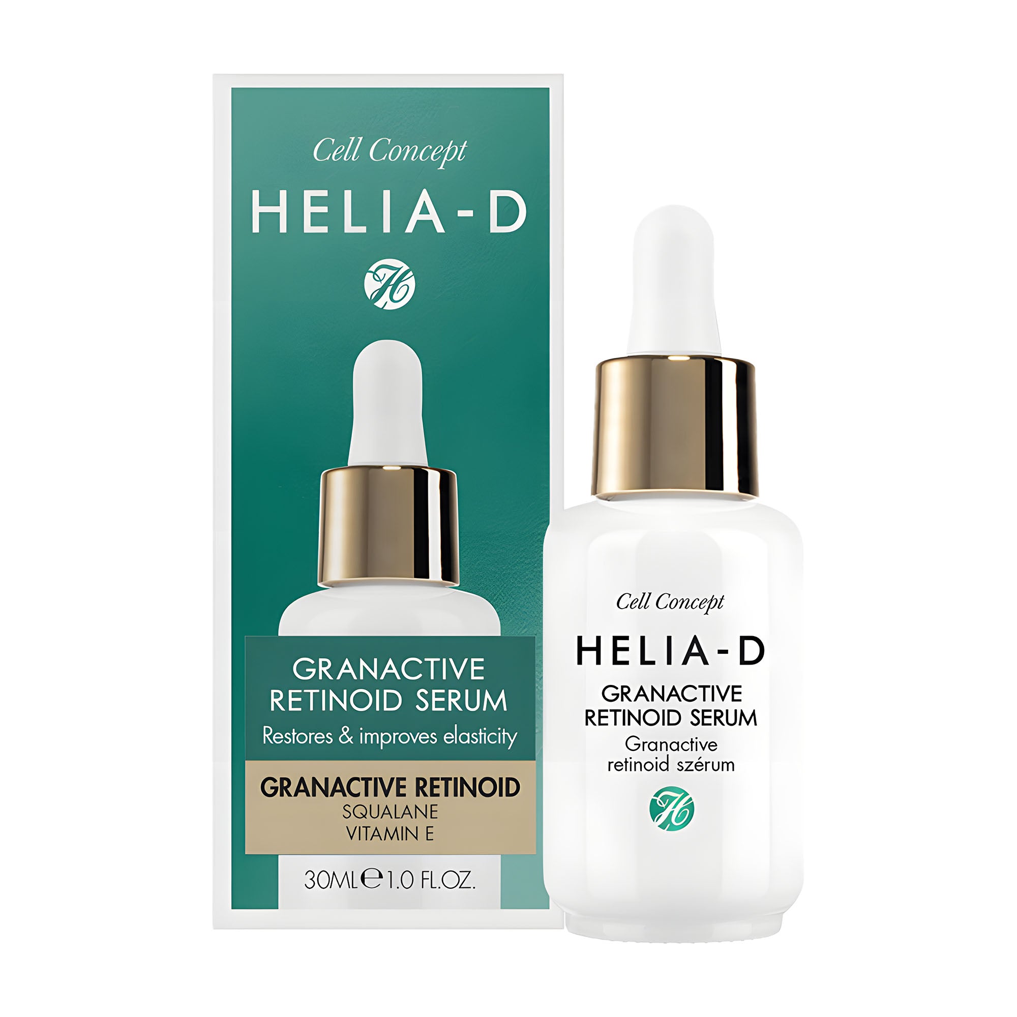Packaging of HELIA-D Cell Concept granactive retinoid serum, showing the bottle and box with product details.