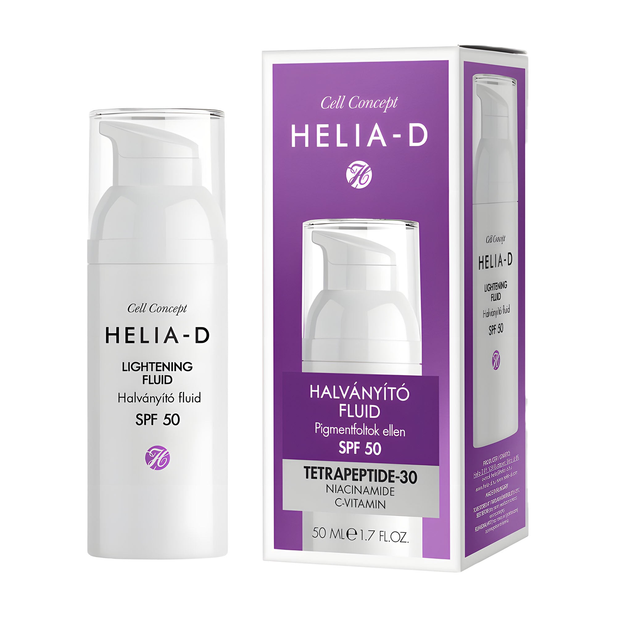 Packaging of HELIA-D Cell Concept lightening fluid spf50, with a purple and white color scheme, containing 50 mL of product.