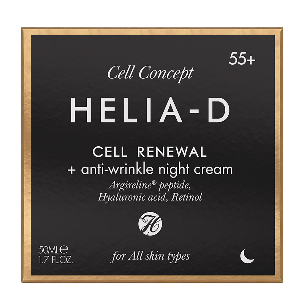 HELIA-D Cell Renewal + anti-wrinkle night cream packaging on a black background