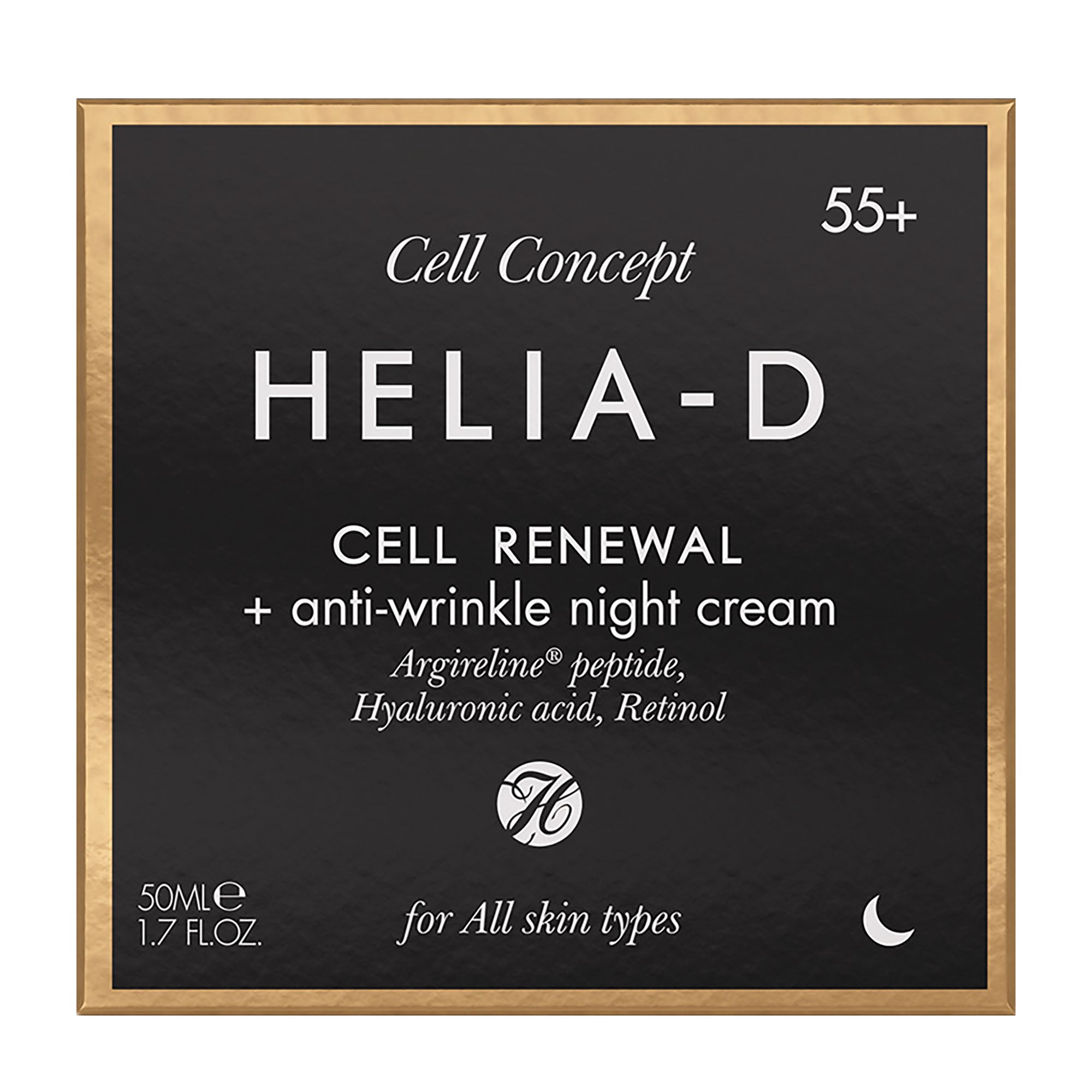 HELIA-D Cell Renewal + anti-wrinkle night cream packaging on a black background