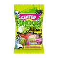Packaging of Center Shock Sour Mix gums featuring various flavored gum pieces visible through the packaging's clear window, with a skull and slogans in vibrant colors.