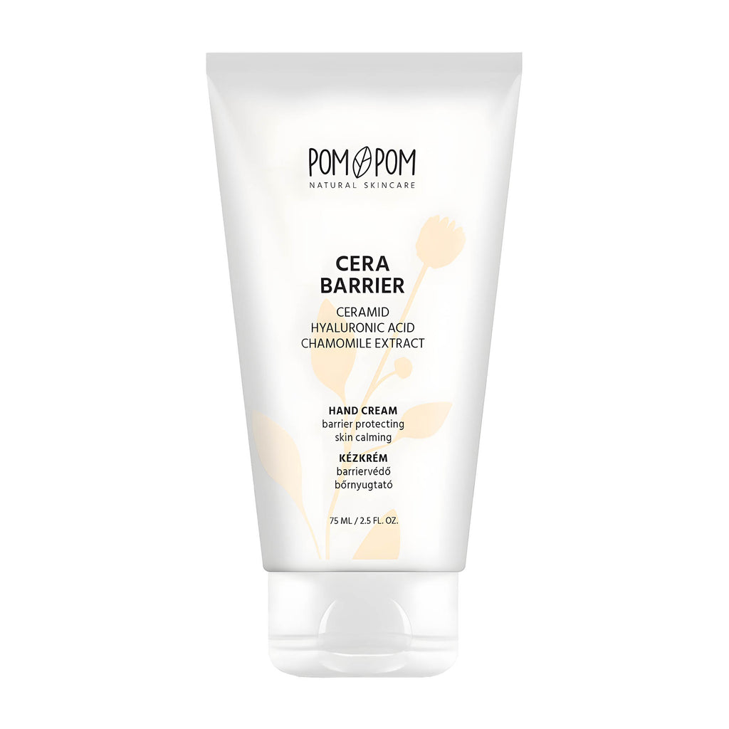 Pom-Pom Cera Barrier hand cream in a white tube with product information and branding on the label.