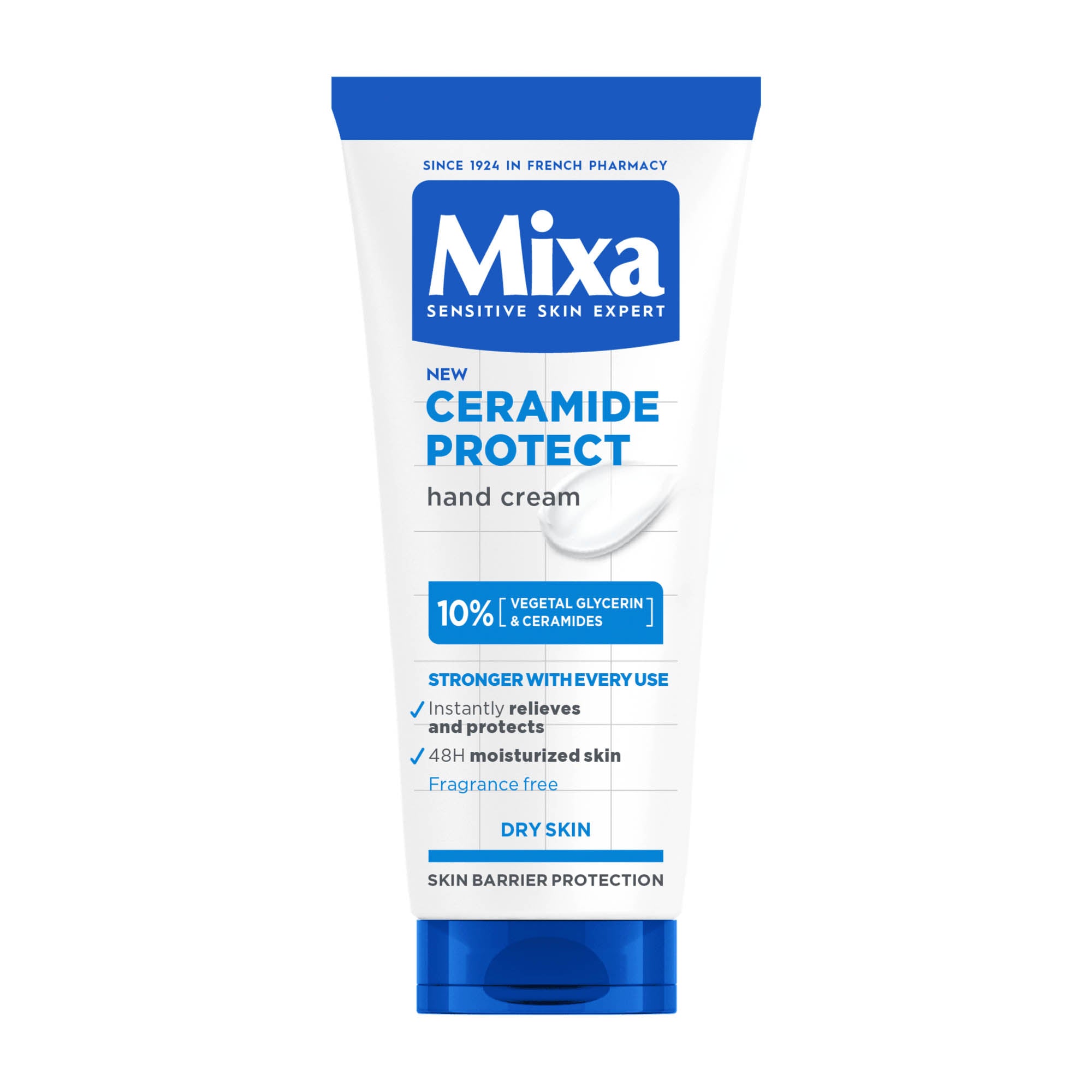 Tube of Mixa Ceramide Protect hand cream on a white background