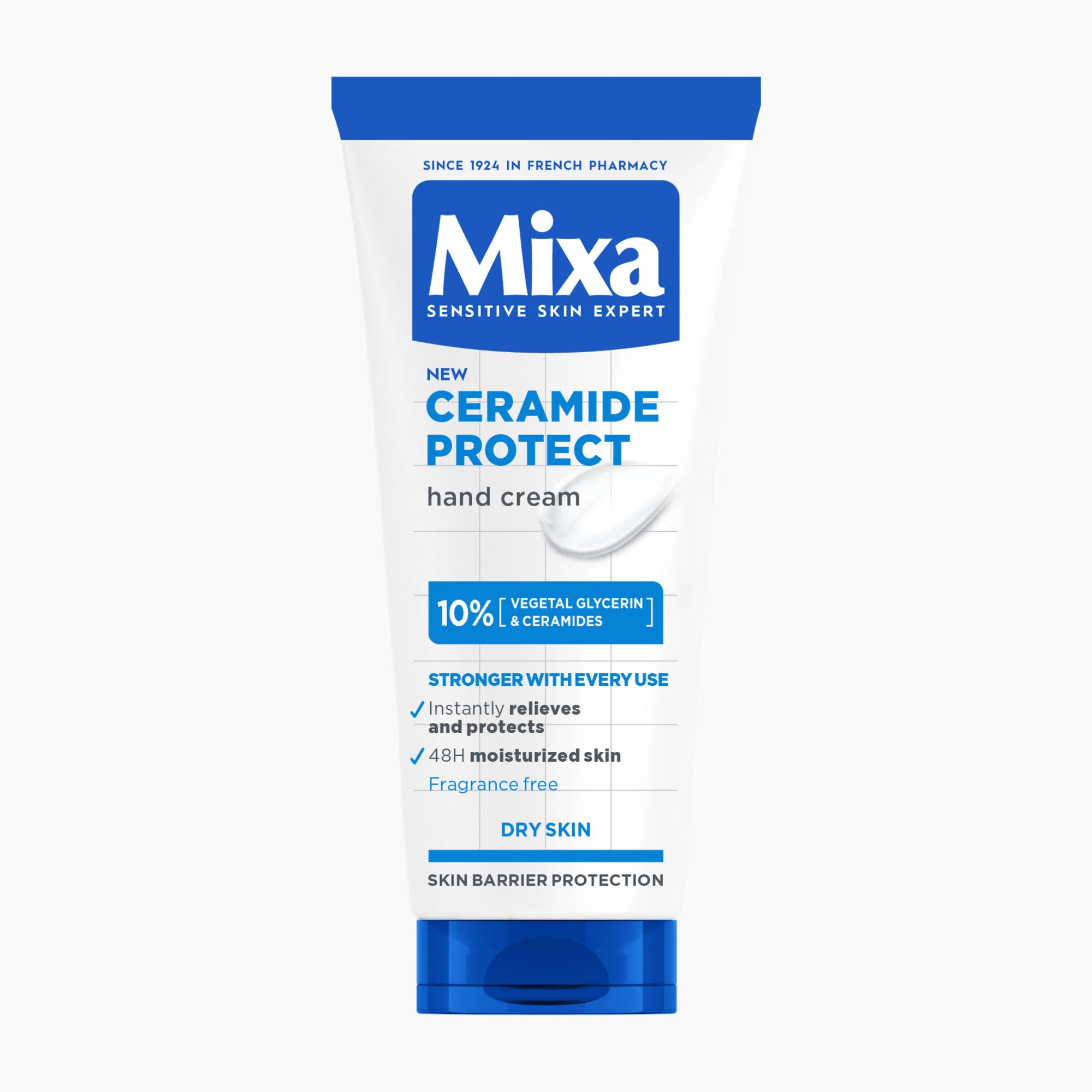 A squeeze tube of Mixa Sensitive Skin Expert Ceramide Protect hand cream, featuring a white body with blue text and branding, set against a plain white background.