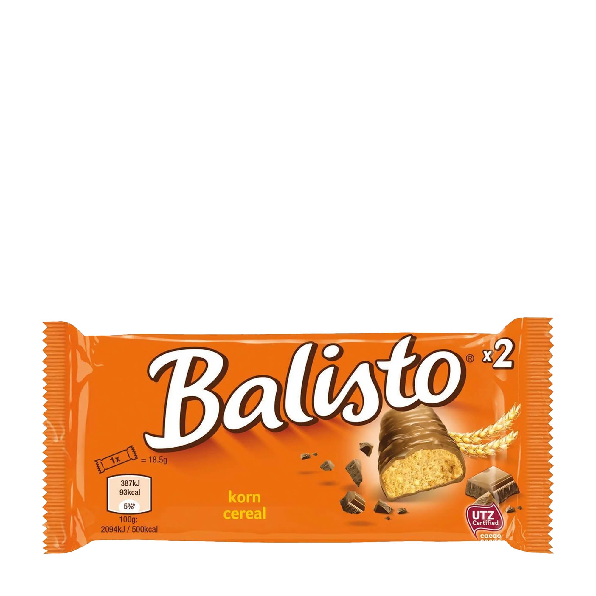 Packaging of Balisto Cereal-Mix whole grain cookie bars showing the product name, image of the cookie bars, and the UTZ certification logo.