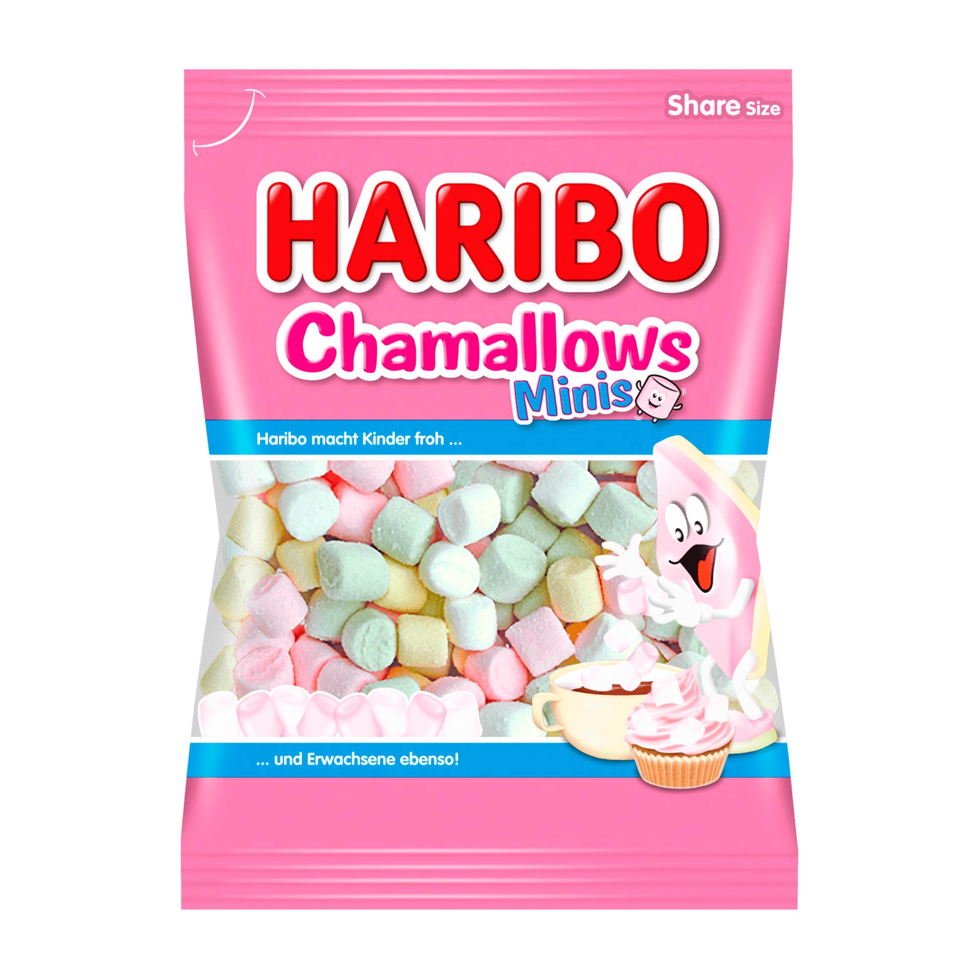 Packaging of Haribo Chamallows Minis showing the marshmallows in white, pink, yellow, and green, with the brand logo and product name.