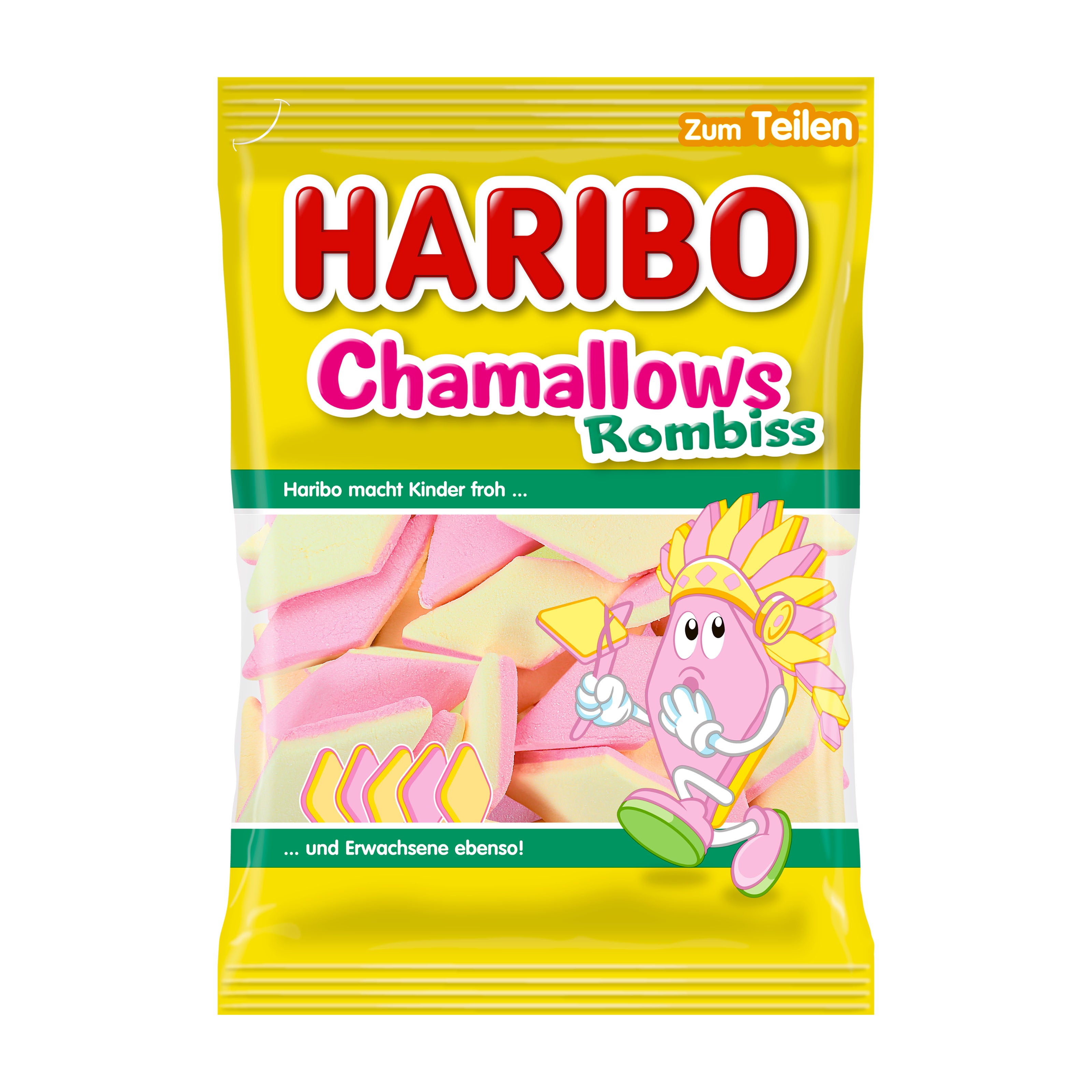 Haribo Chamallows Rombiss candy package with cartoon character on a yellow background