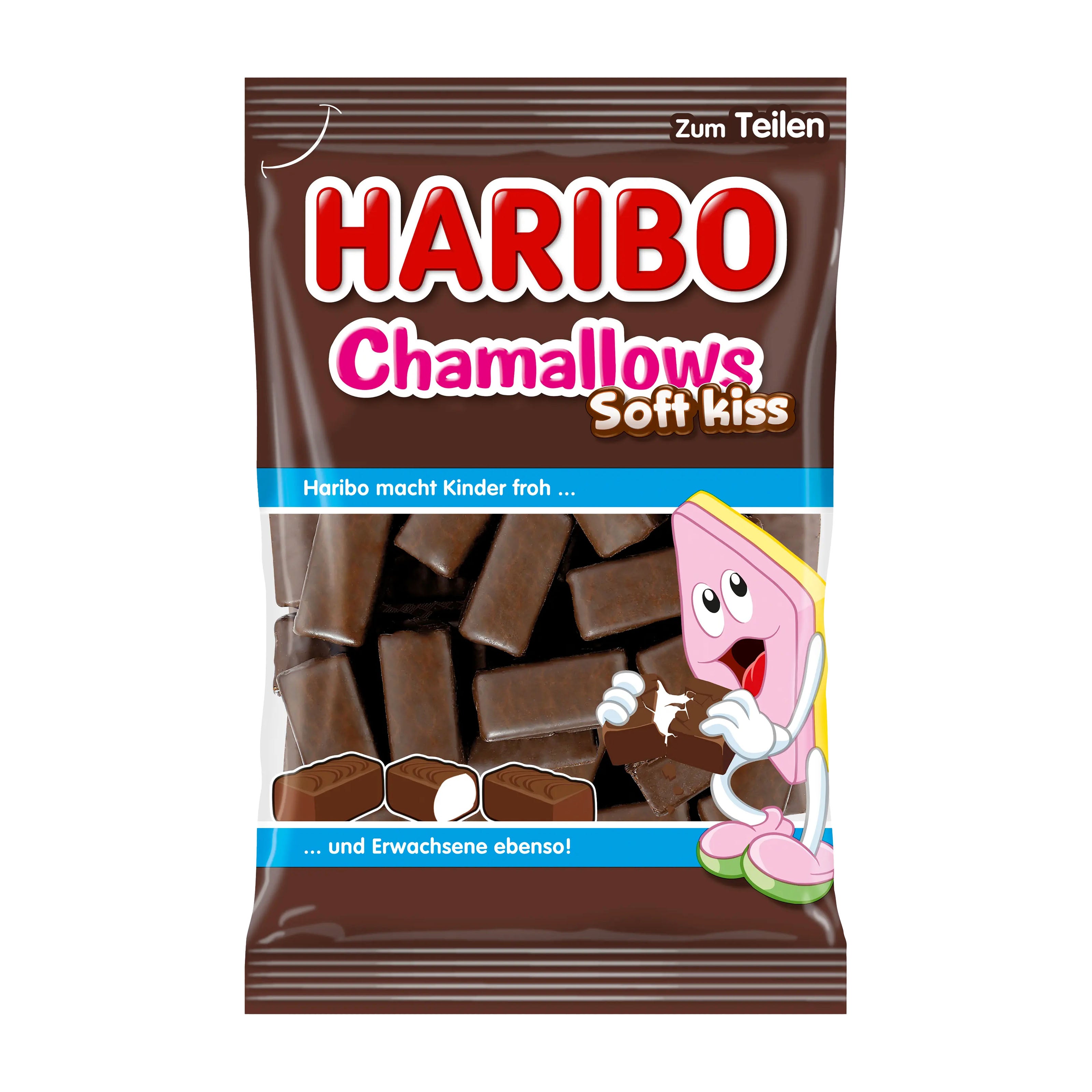 Haribo Chamallows Soft Kiss candy package with cartoon character on a white background