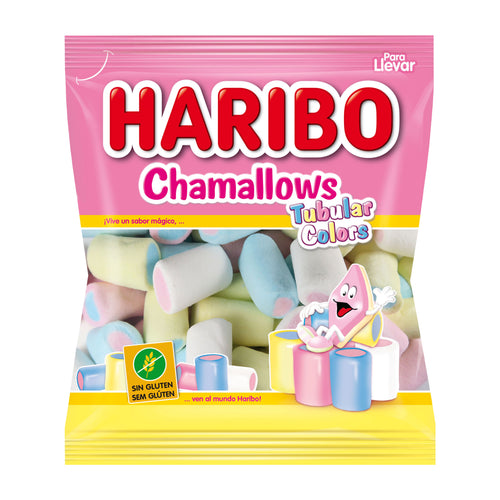 Haribo Chamallows Tubular Colors packaging with colorful marshmallows inside.