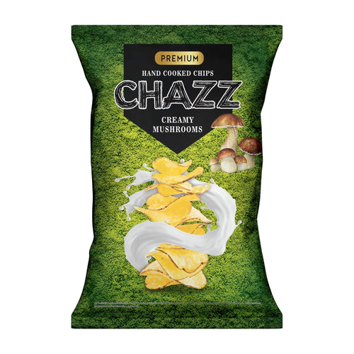 Chazz Creamy Mushroom potato chips packaging on a white background.