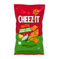 Red and green package of Cheez-It Snap'd Cheese, Sour Cream & Onion flavored crackers on a white background