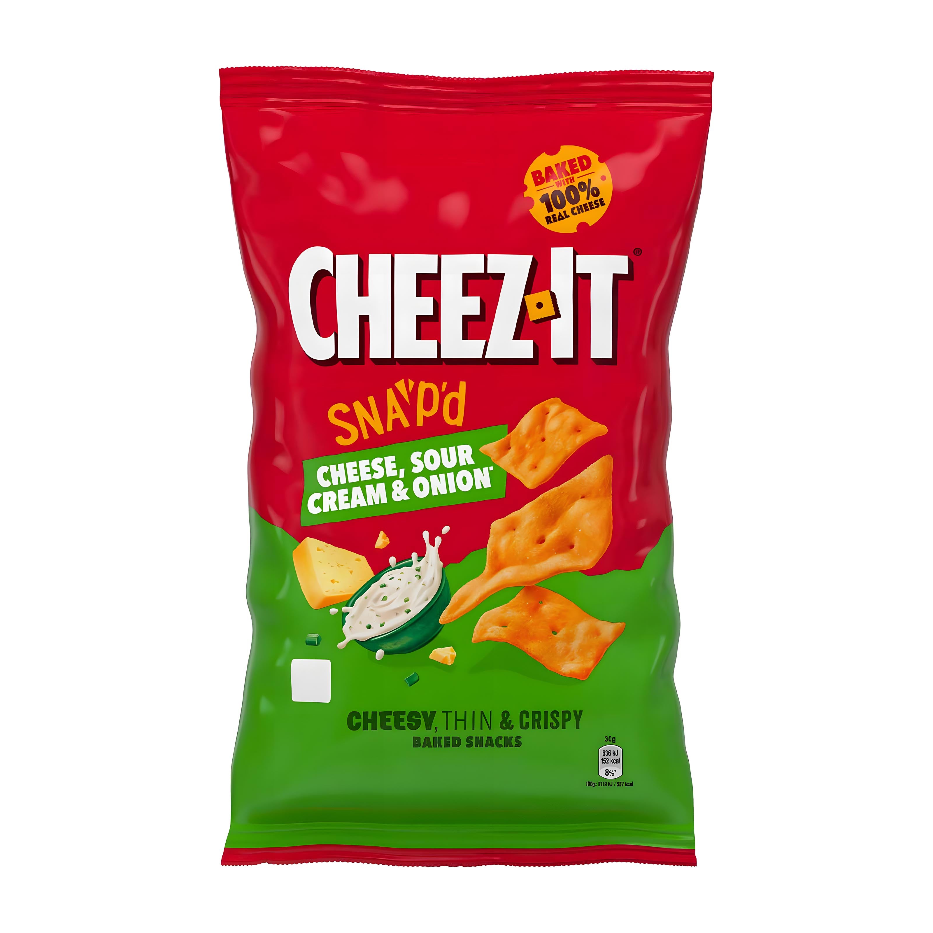 Red and green package of Cheez-It Snap'd Cheese, Sour Cream & Onion flavored crackers on a white background