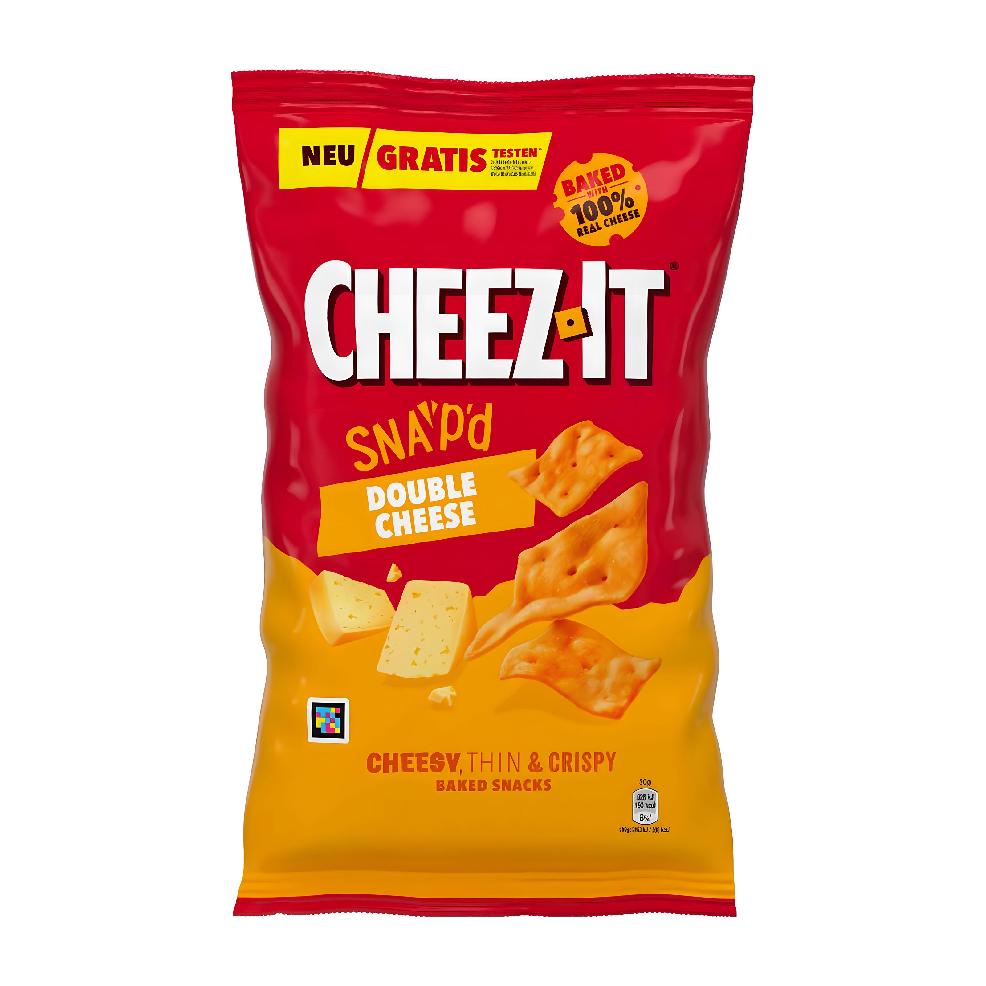Cheez-It Snap'd Double Cheese crackers packaging on a white background.