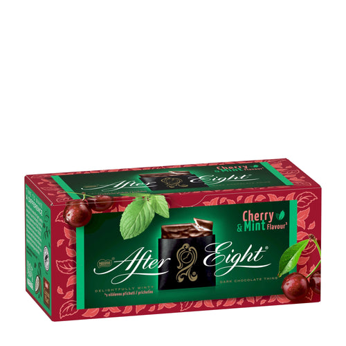 Box of After Eight Cherry & Mint dark chocolate squares on a white background