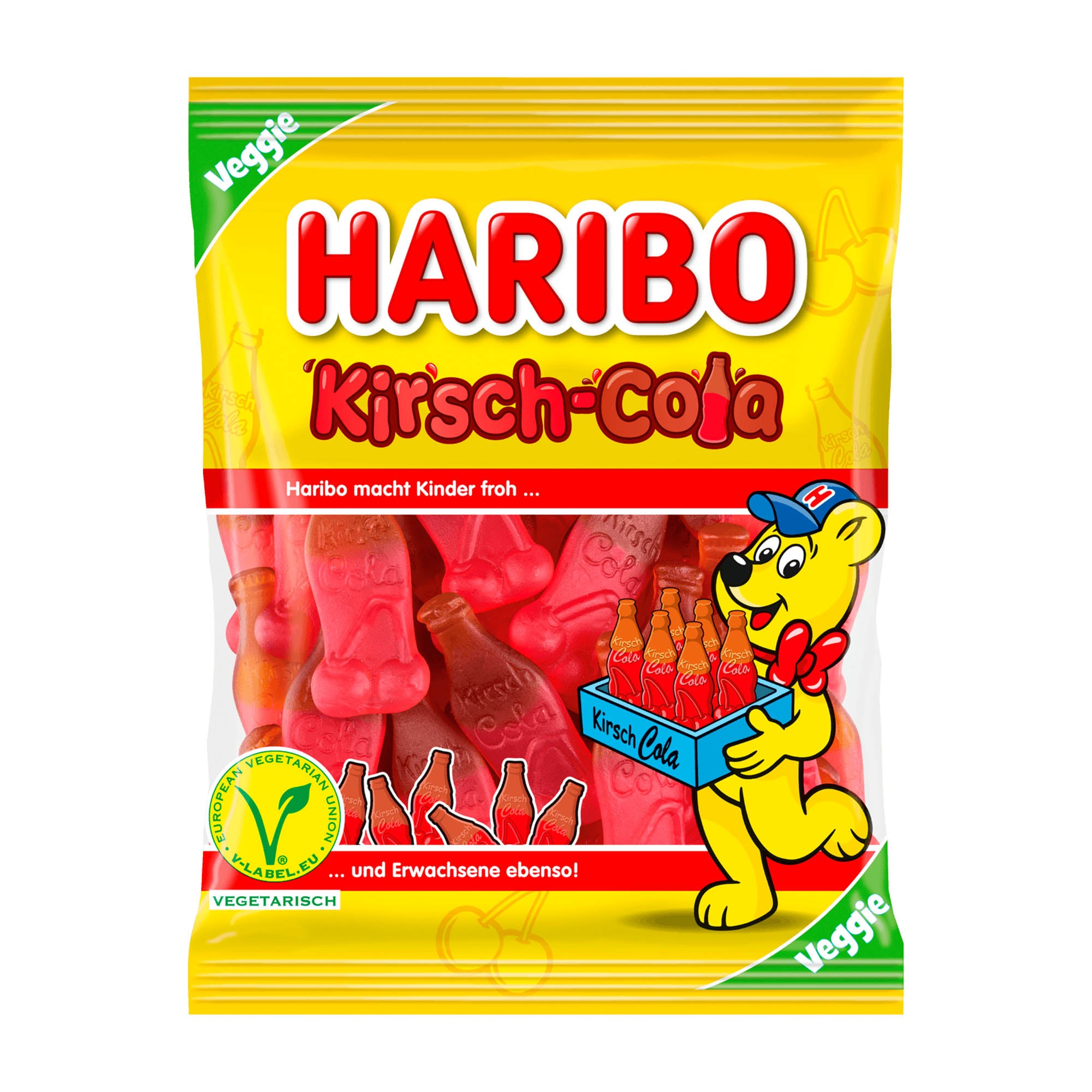 A package of Haribo Cherry Cola Fruit Gummy candies featuring the Haribo logo with a cartoon bear on the front, displaying the cherry cola flavored gummy candies inside.