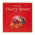 Packaging of Roshen Cherry Queen pralines with an image of a cherry and dark chocolate praline on a red background