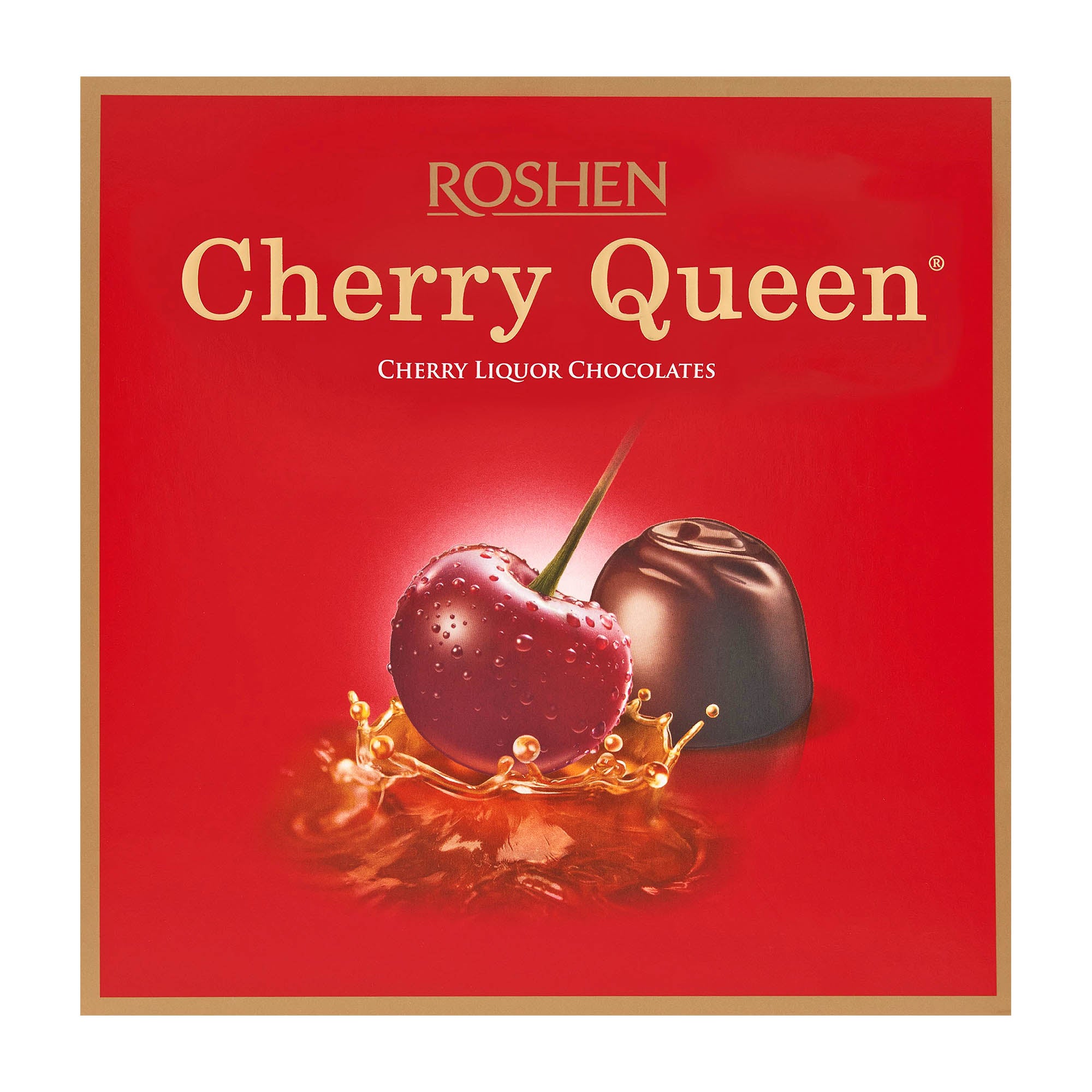 Packaging of Roshen Cherry Queen pralines with an image of a cherry and dark chocolate praline on a red background