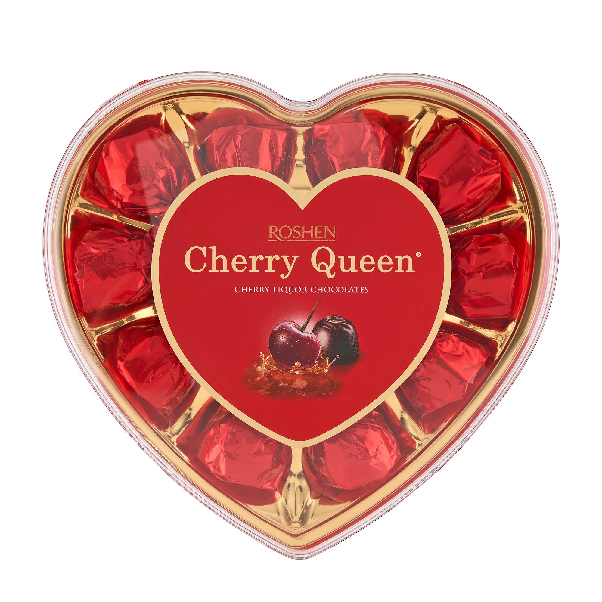Heart-shaped gift box of Roshen Cherry Queen Cherry Liquor dark chocolate pralines with cherries covered in dark chocolate.