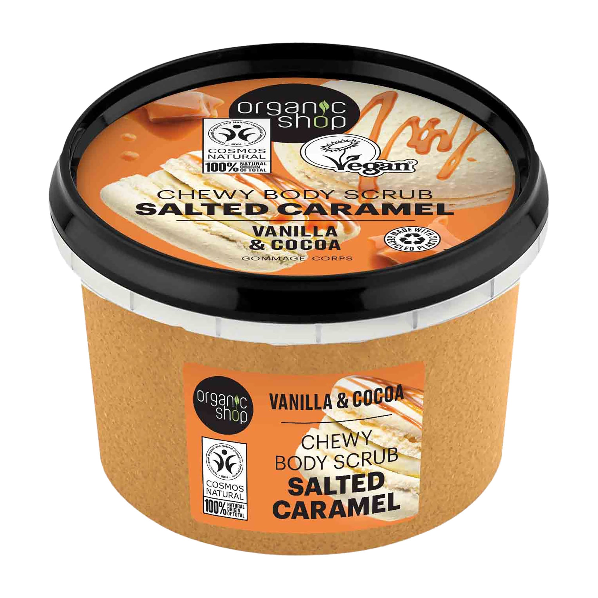 Jar of Organic Shop salted caramel chewy body scrub on a white background