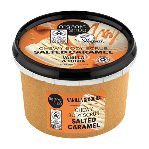 Jar of Organic Shop salted caramel chewy body scrub on a white background