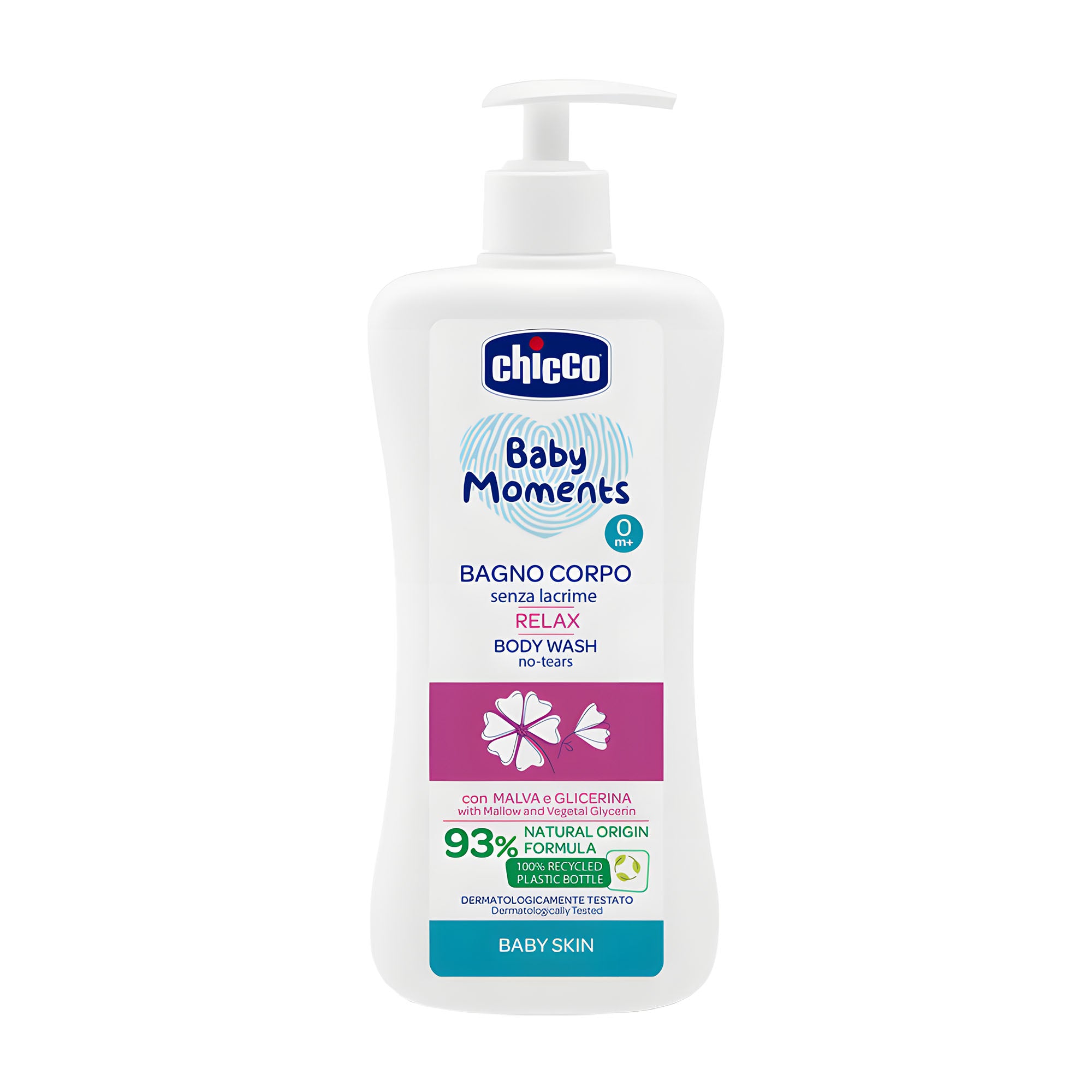 Chicco Baby Moments relax body wash bottle on a white background