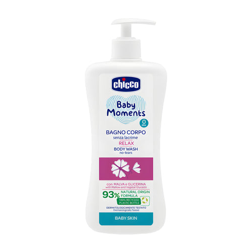 Chicco Baby Moments relax body wash bottle on a white background