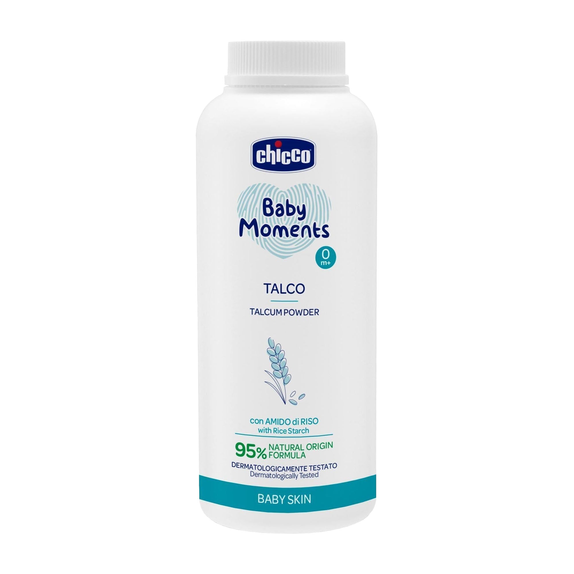 Chicco Baby Moments talcum powder bottle on a white background