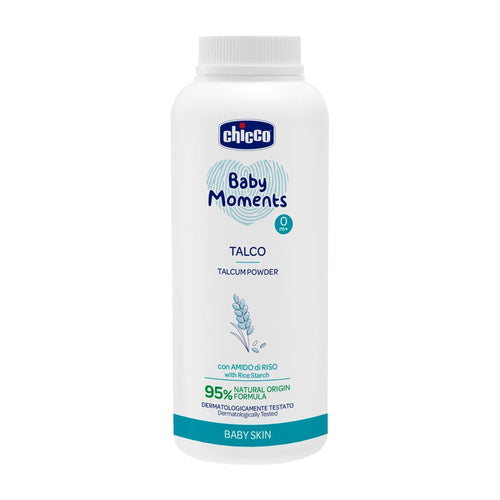 Chicco Baby Moments talcum powder bottle on a white background