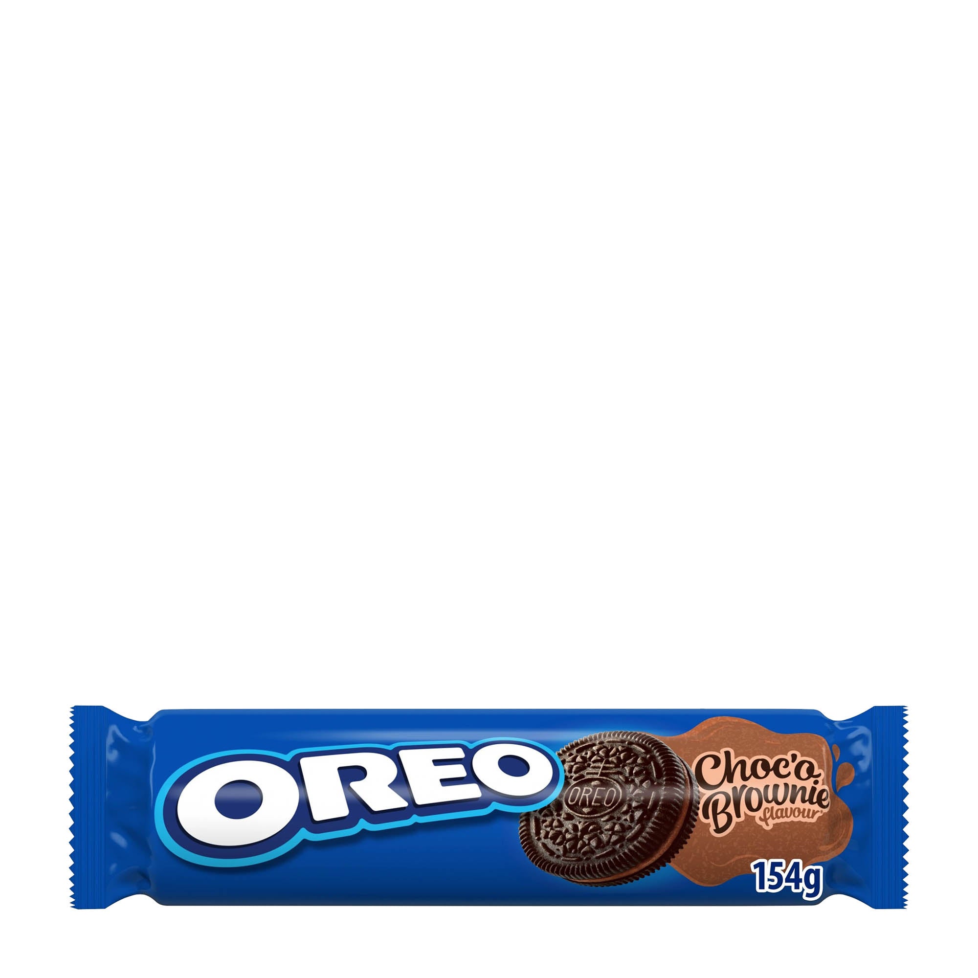 A package of Oreo Choc'o Brownie sandwich cookies, showing the cookies and the brand's logo on the packaging, 154g in weight.