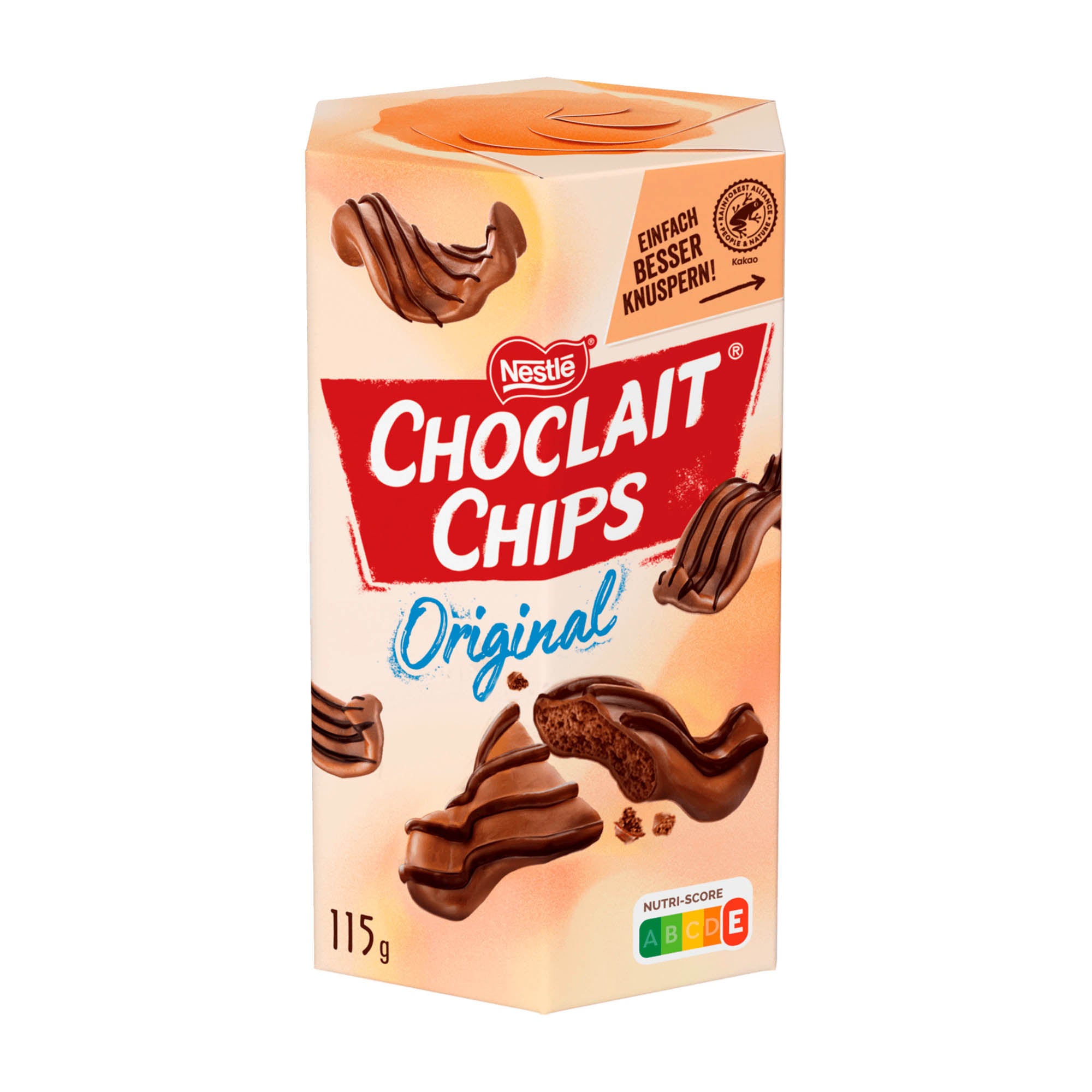 Packaging of Nestlé Choclait Chips Original, showing the product name and images of the chocolate chips coated in milk chocolate.