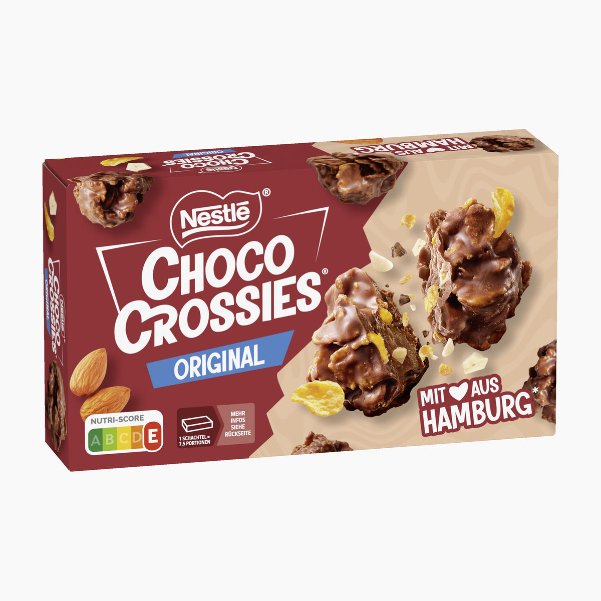 Nestlé Choco Crossies Original pralines box, featuring chocolate-coated cereal clusters with almonds and dried fruit pieces, on a clean white background.