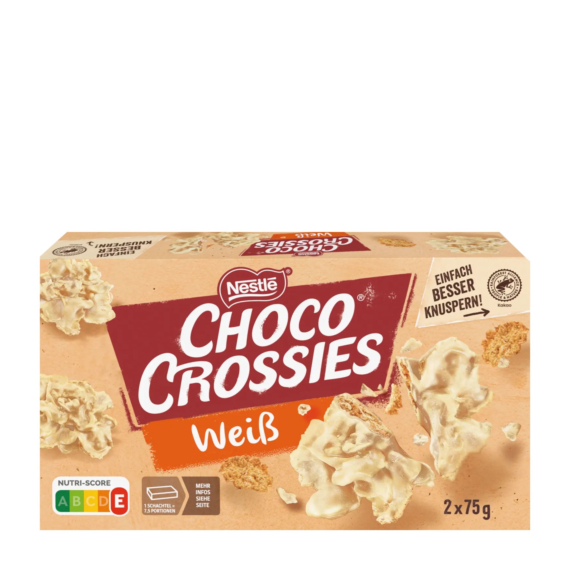 Box of Nestle Choco Crossies White Chocolate on a white background